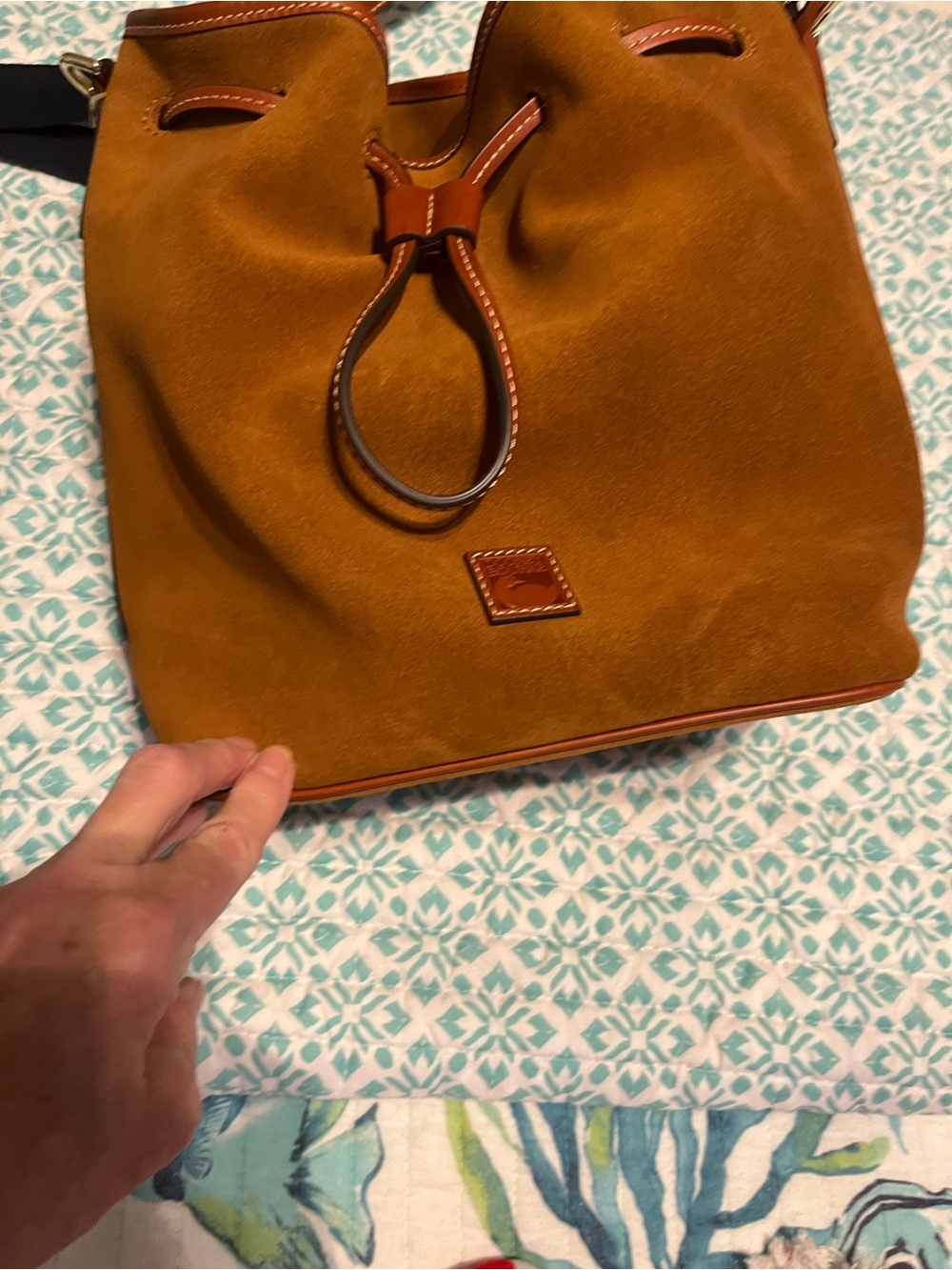 Dooney & Bourke Suede Drawstring Bucket Bag - Cognac
